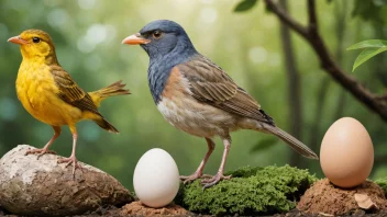 Et bilde som viser de forskjellige stadiene i fugleutviklingen, fra egg til voksen, i en naturlig omgivelse.