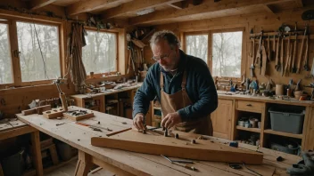 En dyktig båtsnekker som arbeider på en trebåt i en koselig verksted.