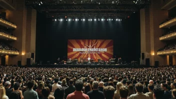 En konsert holdt innendørs med en stor scene og en folkemengde som nyter musikken