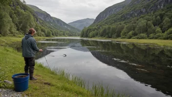 En fredelig scene av en person som fisker etter ål i en norsk elv.