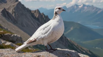 En hann bergfugl i sommerdrakt, stående på en steinete utsiktspunkt.