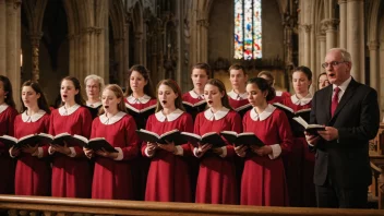 Et kor synger en hymne i en kirke med en festlig atmosfære