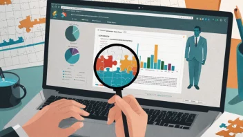 En person som analyserer data på en dataskjerm, med et forstørrelsesglass og et puslespillbrikke i bakgrunnen.