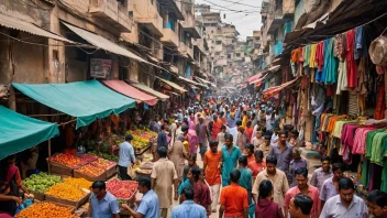 En livlig bazar med mange mennesker og salgsboder