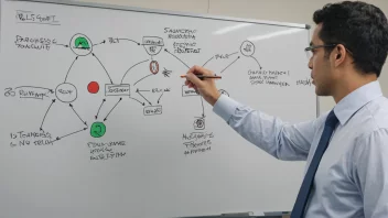 En person foran en whiteboard med et komplekst systemdiagram, med en leder eller manager i bakgrunnen som overvåker prosessen.