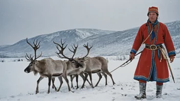 En samisk person i tradisjonelle klær, jakter på reinsdyr i et snødekt landskap.