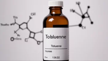 En flaske toluen med etikett og en kjemisk strukturdiagram i bakgrunnen