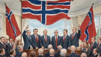 En gruppe mennesker med ekstreme politiske synspunkter, med et norsk flagg som vifter bak dem.