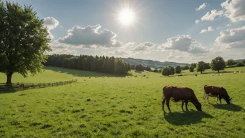 Et idyllisk landskap med en grønn eng og beitende dyr.