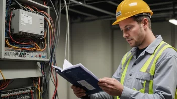 En elektriker leser en lavspenningsforskrift, med elektrisk utstyr og ledninger i bakgrunnen.