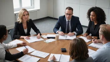 En gruppe mennesker sitter rundt et bord og diskuterer og planlegger lederopplæring