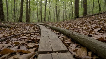 Et enkelt, svakt brettspor i en tett skog.