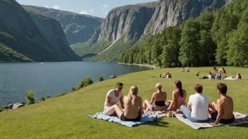 En naturskjønn utsikt over et norsk sommerlandskap med mennesker som vandrer og svømmer.