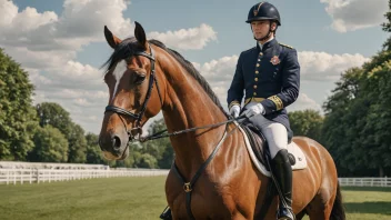 Et bilde av en rytter i en prestisjefylt uniform, med en hest i bakgrunnen.