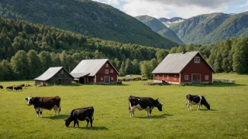 En norsk gård med en stor fjøs og kuer som beiter i de omkringliggende markene.