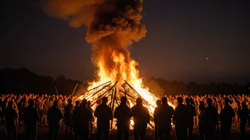 Et stort bål som brenner om kvelden.