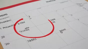 En kalender med en rød sirkel rundt en bestemt dato, med en prosjektplan og en klokke i bakgrunnen.