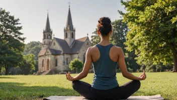 Et fredelig bilde av en person i dyp kontemplasjon, omgitt av beroligende elementer av naturen og subtile hint av spiritualitet