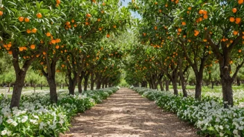 En fredelig appelsinlund med hvite blomster og grønne trær