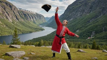 Ein person i tradisjonelle norske klede utfører ein hallingkastingkast i ei naturskjønn utendørs setting med fjell og trær i bakgrunnen.