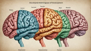 Et bilde av en menneskehjerne med ulike seksjoner fremhevet, som representerer ulike utviklingsstadier.