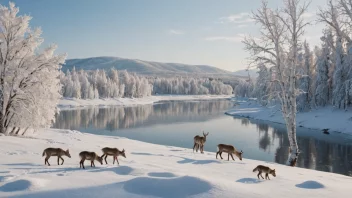 Et fredelig vinterlandskap med en rekke ulike planter og dyr.