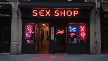 En sexshop-butikk med en neon-skilt og en diskret inngang.