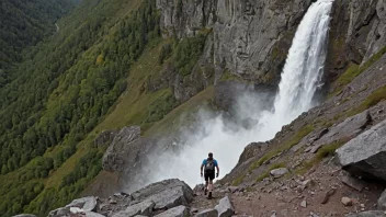 En vandrer som navigerer gjennom et vanskelig terreng med en foss i bakgrunnen.