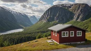 Et bilde av en norsk hytte i fjellet med en 'til salgs' skilt foran, som representerer det norske fritidseiendomsmarkedet.