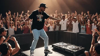 En hiphop-artist som opptrer på scenen med en DJ og en folkemengde som danser i bakgrunnen.