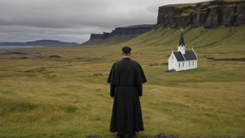 Et fredelig bilde av en tradisjonell islandsk kirke med en prest som står utenfor, omgitt av et kupert landskap.