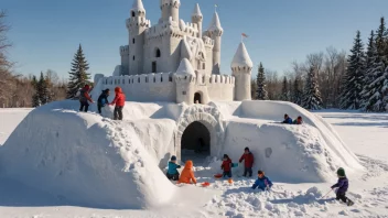 Et bilde av en snøfestning med barn som bygger den i et vinterlandskap.