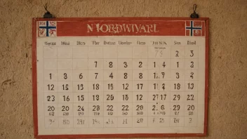 En tradisjonell norsk bondekalender på en vegg, som viser månedene og dagene i året