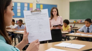 En lærer som holder et evalueringskjema, med en klasse i bakgrunnen.