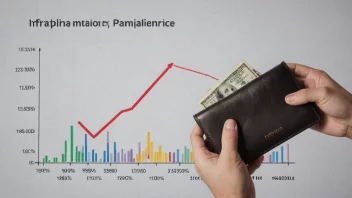 En person som holder en lommebok med penger og en graf som viser inflasjonsraten i bakgrunnen.
