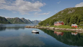 En fredelig øyscene med et tradisjonelt norsk hus og en båt i havnen.