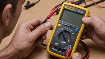 En person holder en multimeter og måler voltasjen på et batteri