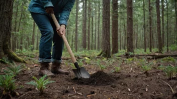 En person planter et tre i en skog.