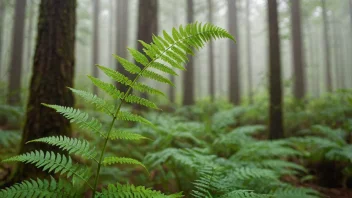 En vakker bregneplante som vokser i en tåkete skog.