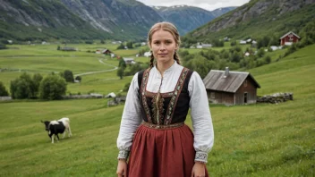 En kvinne i tradisjonell norsk klesdrakt, stående foran et småbruk.