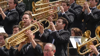 Et brassband som spiller på scenen med ulike messinginstrumenter.