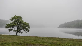 En fredelig øy scene med tåkete åser og trær.