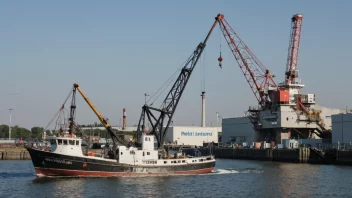 En stor fiskebåt med en kran og et nett, i bakgrunnen en fabrikk med en skilt som sier 'rekefiskeindustri'