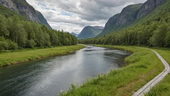 Et fredelig bilde av Suldalslågen som flyter gjennom det norske landskapet.