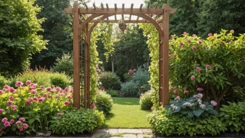 En vakker hage-trellis med blomstrende blomster og frodig grønne.