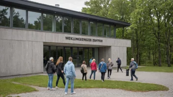 En meklingssenterbygning med mennesker fra ulike bakgrunner