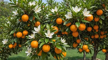 Et vakkert oransjetre med blomster og noen appelsiner