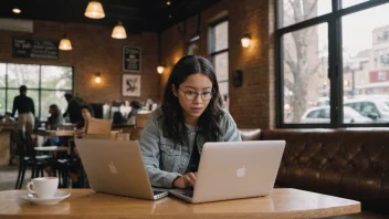 En person som sitter i en kaffebar med en laptop åpen foran seg