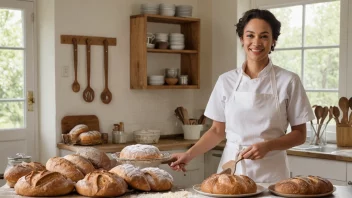 En baker i hvit forkle, omgitt av bakeutstyr og nybakt brød