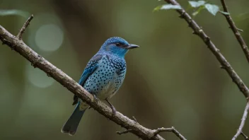 En fugl med blå flekker på fjærene sitter på en gren i en skog.